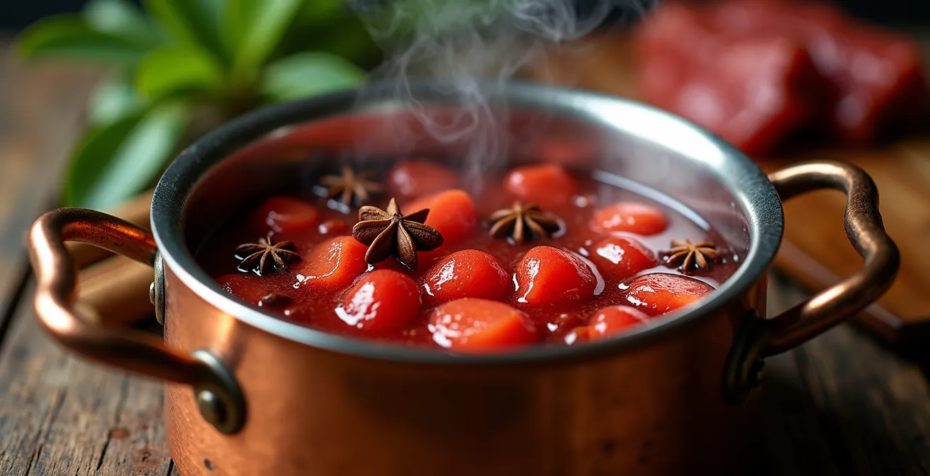 Gros plan sur une casserole de cuivre contenant une réduction de goyave rouge brillante avec des baies entières