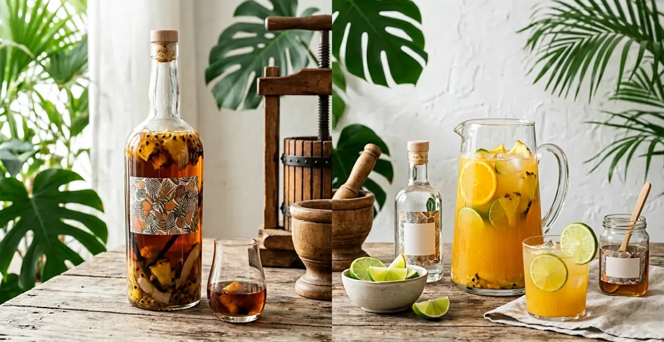 Deux bouteilles de rhum, une avec des fruits macérés pour le rhum arrangé et l'autre avec des jus frais pour le punch
