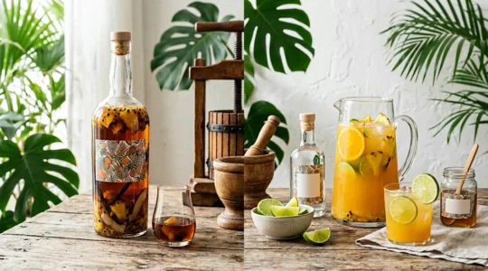 Deux bouteilles de rhum, une avec des fruits macérés pour le rhum arrangé et l'autre avec des jus frais pour le punch