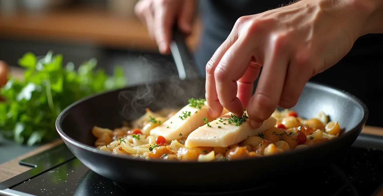Roussi blond d'oignons avec morceaux de poisson blanc dans une sauteuse