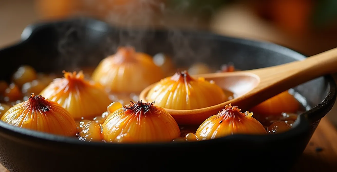 Progression visuelle du roussi d'oignons montrant les différentes étapes de caramélisation