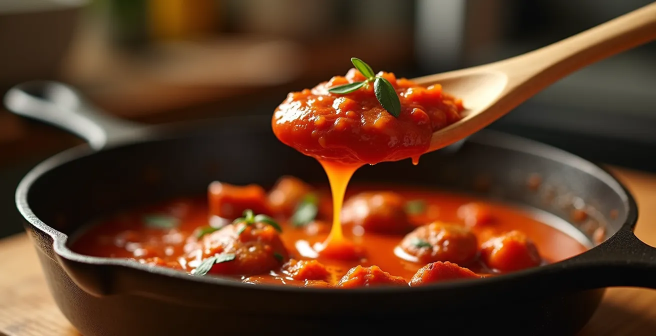Vue plongeante d'une sauce tomate épaisse et brillante nappant des morceaux de saucisse