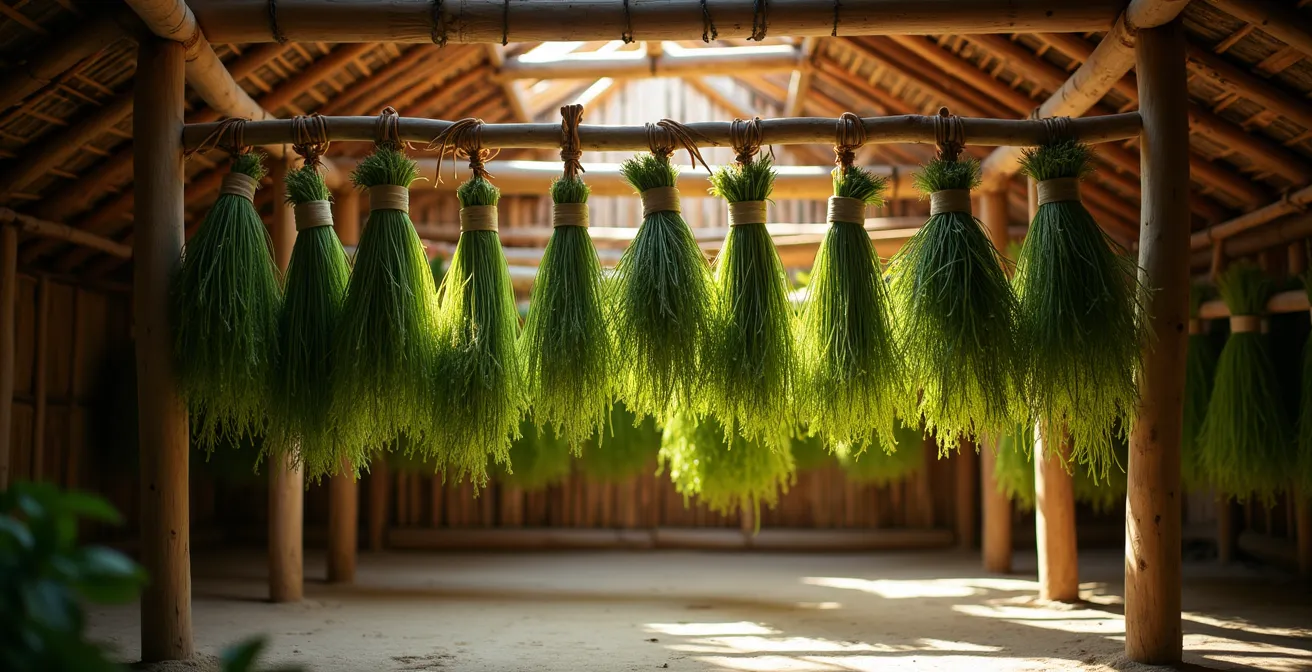Branches de thym pays suspendues pour séchage traditionnel dans un grenier ombragé