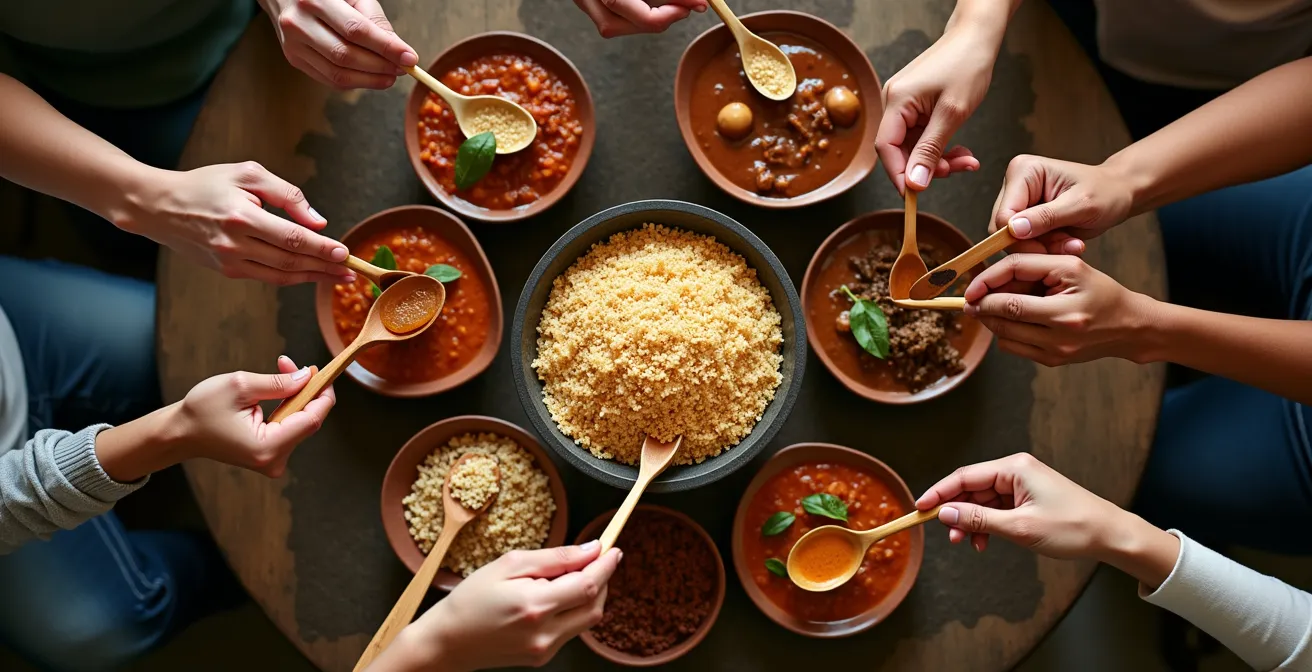 Vue aérienne de mains servant ensemble un cari créole traditionnel autour d'une table familiale