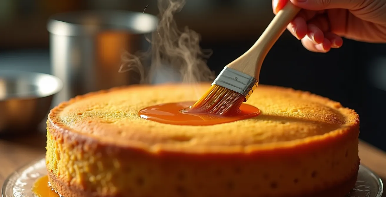Sirop chaud versé délicatement sur la surface dorée d'un gâteau avec absorption visible