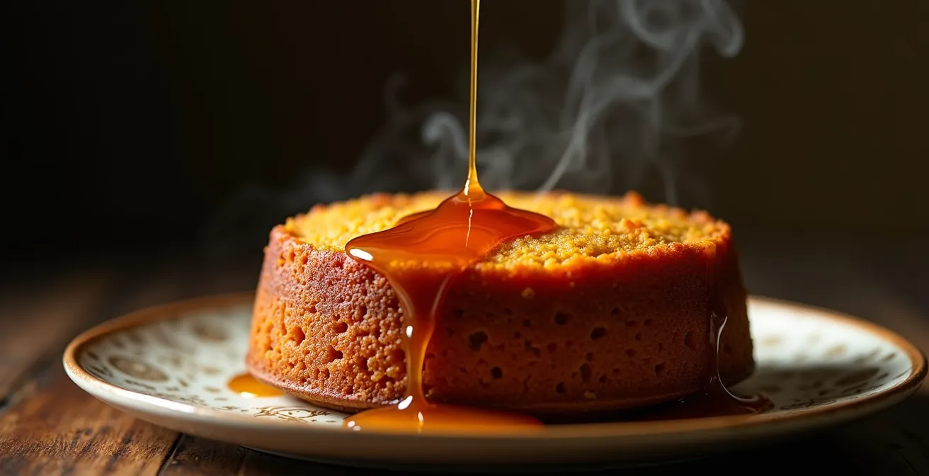 Gâteau patate douce avec sirop d'imbibage au rhum coulant sur la surface dorée
