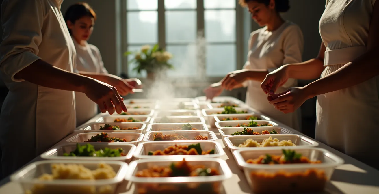 Poste de préparation des barquettes avec système de remplissage organisé pour mariage créole