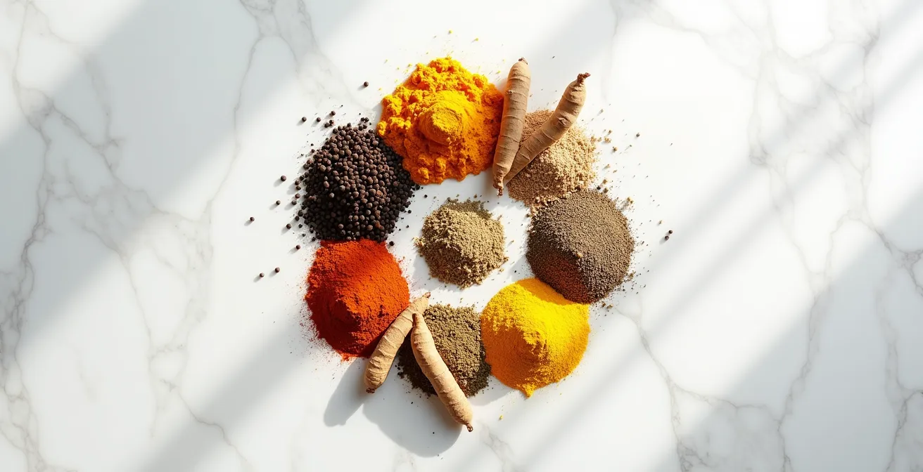 Composition artistique d'épices du massalé montrant leur synergie thérapeutique