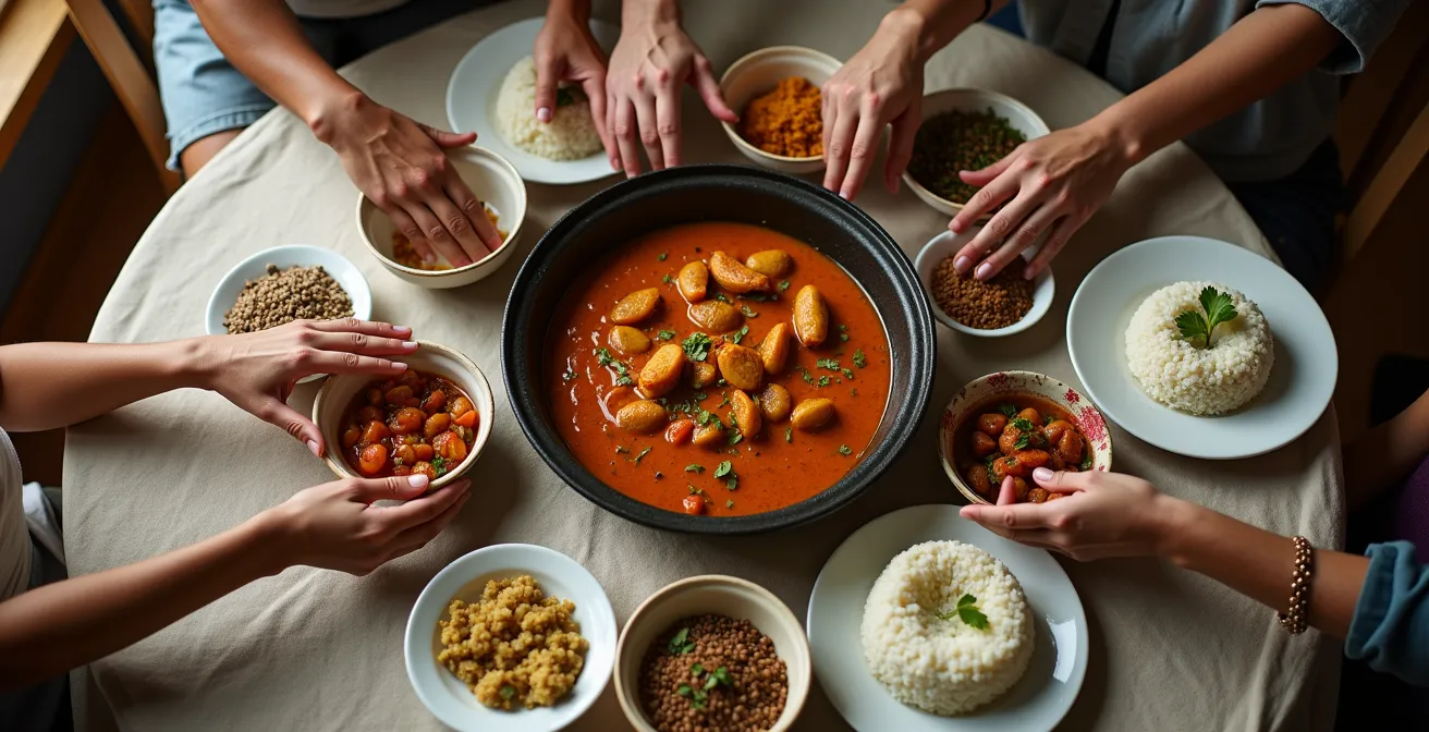 Vue aérienne d'une table créole dressée traditionnellement avec marmite centrale et multiples plats