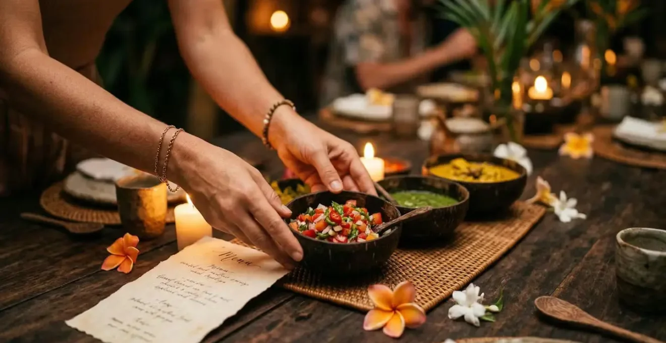 Centre de table avec collection de petites sauces créoles dans bols en coco, éclairage bougie