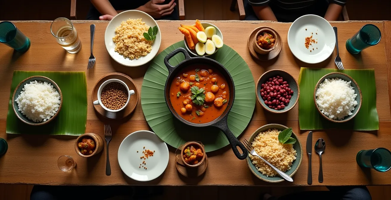 Table créole dressée avec l'ordre traditionnel des plats : apéritif, riz, grains et cari au centre