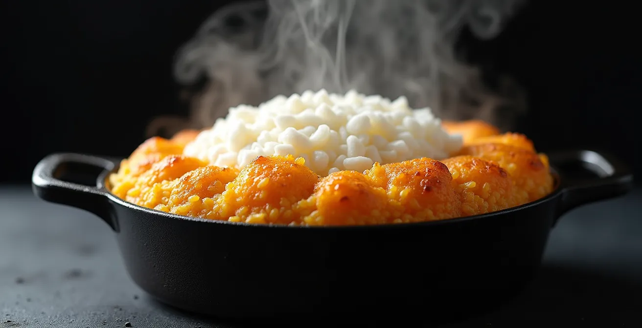 Vue en coupe d'une marmite montrant la croûte dorée du tahdig se détachant du fond