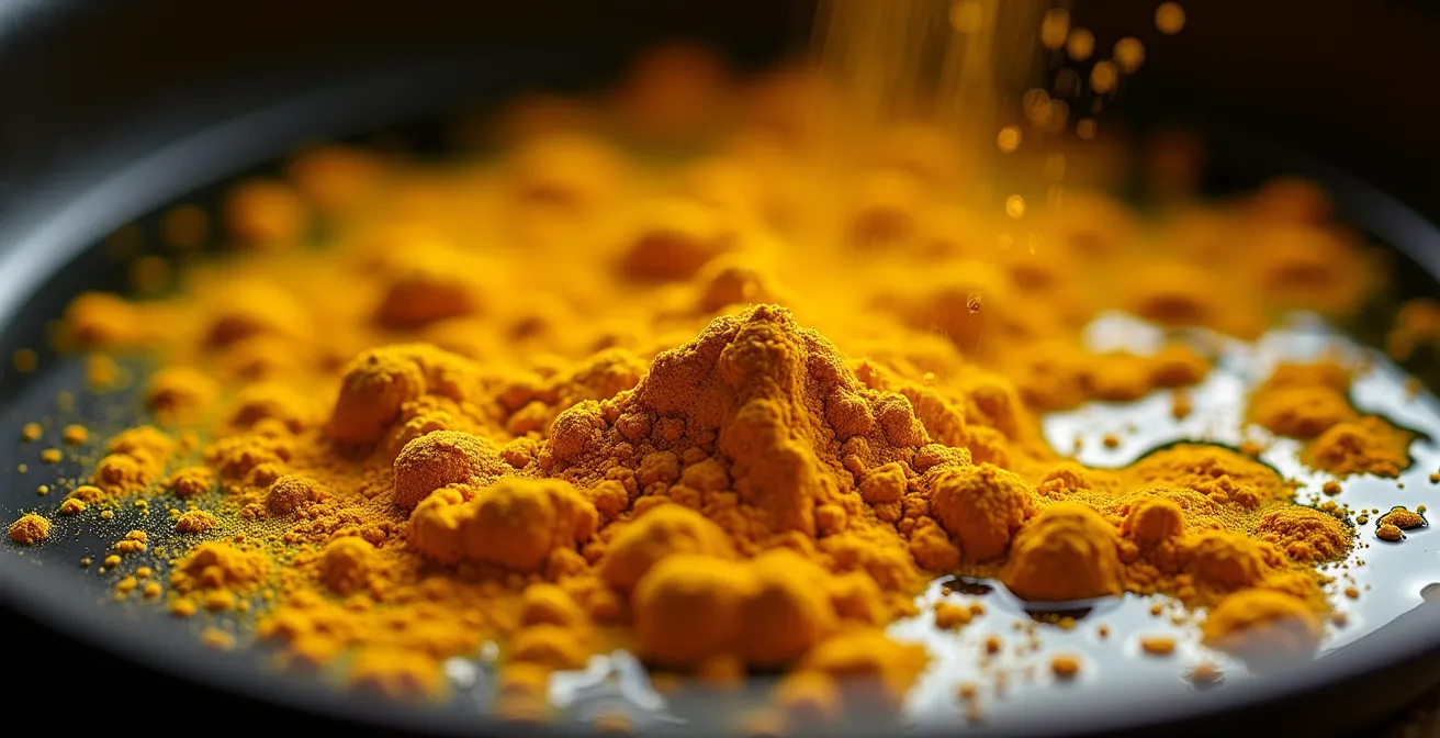 Curcuma en poudre dorée dans l'huile chaude pour le blooming des épices