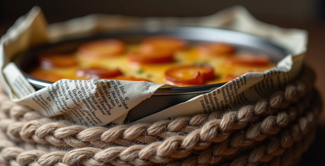 Marmite de riz enveloppée dans du papier journal et une couverture épaisse posée dans un coffre de voiture
