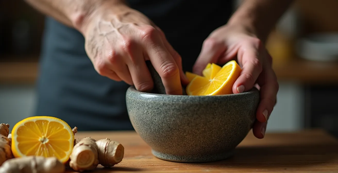 Démonstration du mouvement de frappe et rotation pour extraire le jus de gingembre dans un mortier