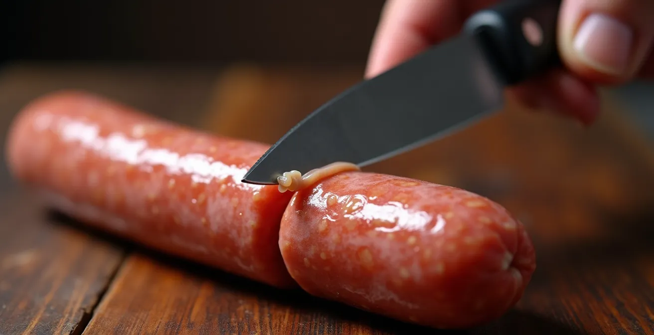 Gros plan sur une main piquant délicatement une saucisse avec la pointe d'un couteau