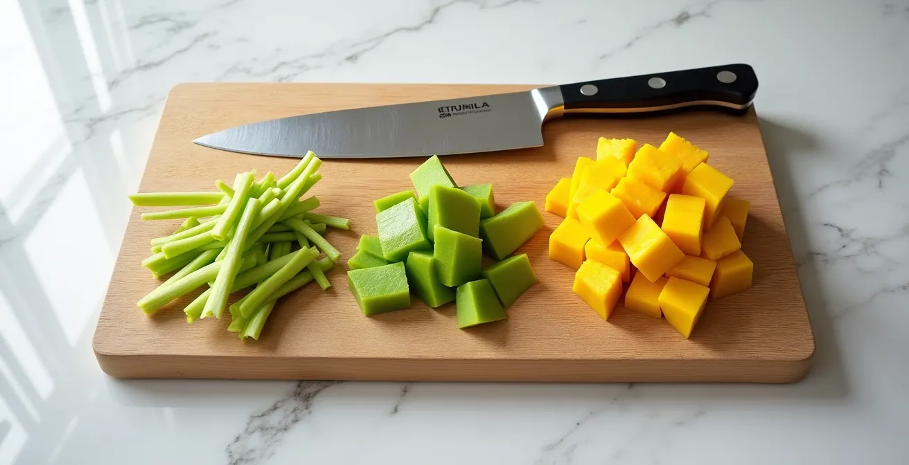 Différentes techniques de découpe de mangue verte sur planche de bois : julienne, brunoise et tailladé créole.