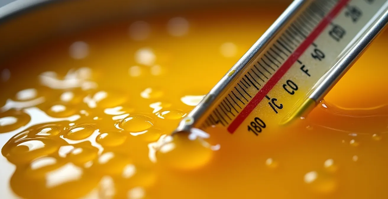 Thermomètre de cuisine plongé dans l'huile de friture montrant 180 degrés