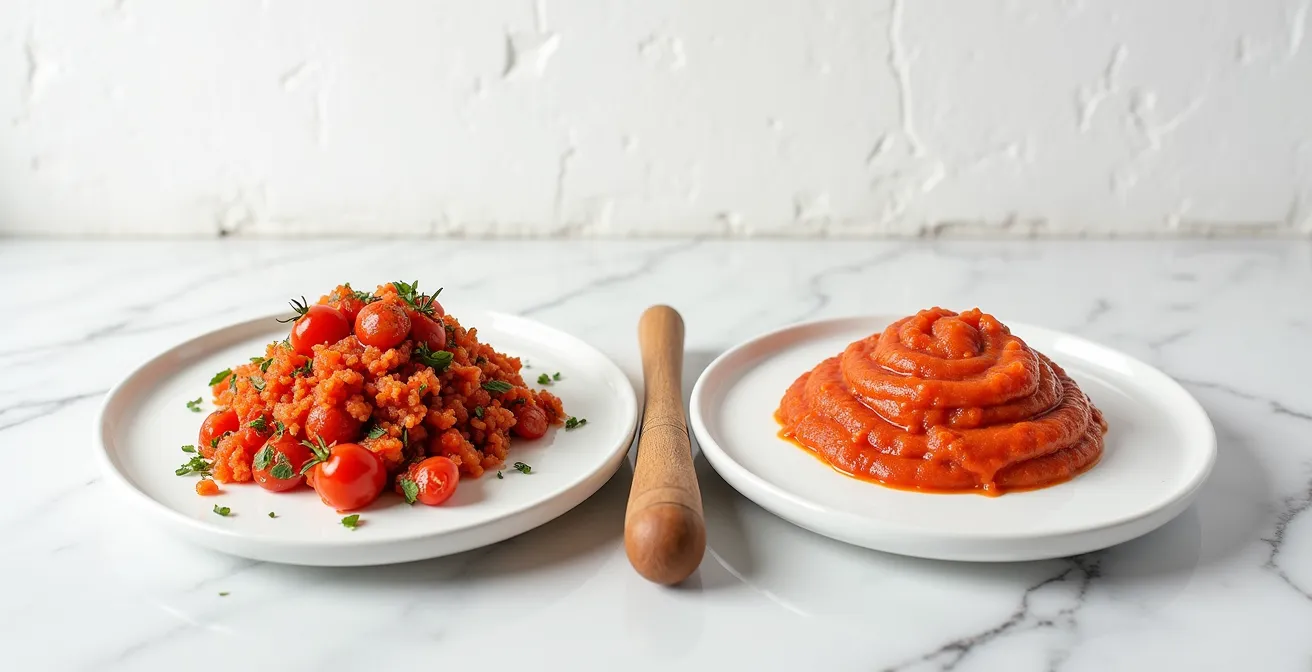 Comparaison visuelle de la texture du rougail tomate écrasé au pilon versus mixé
