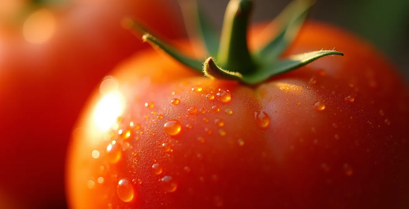 Vue macro de la peau de tomate montrant la structure fibreuse riche en pectine