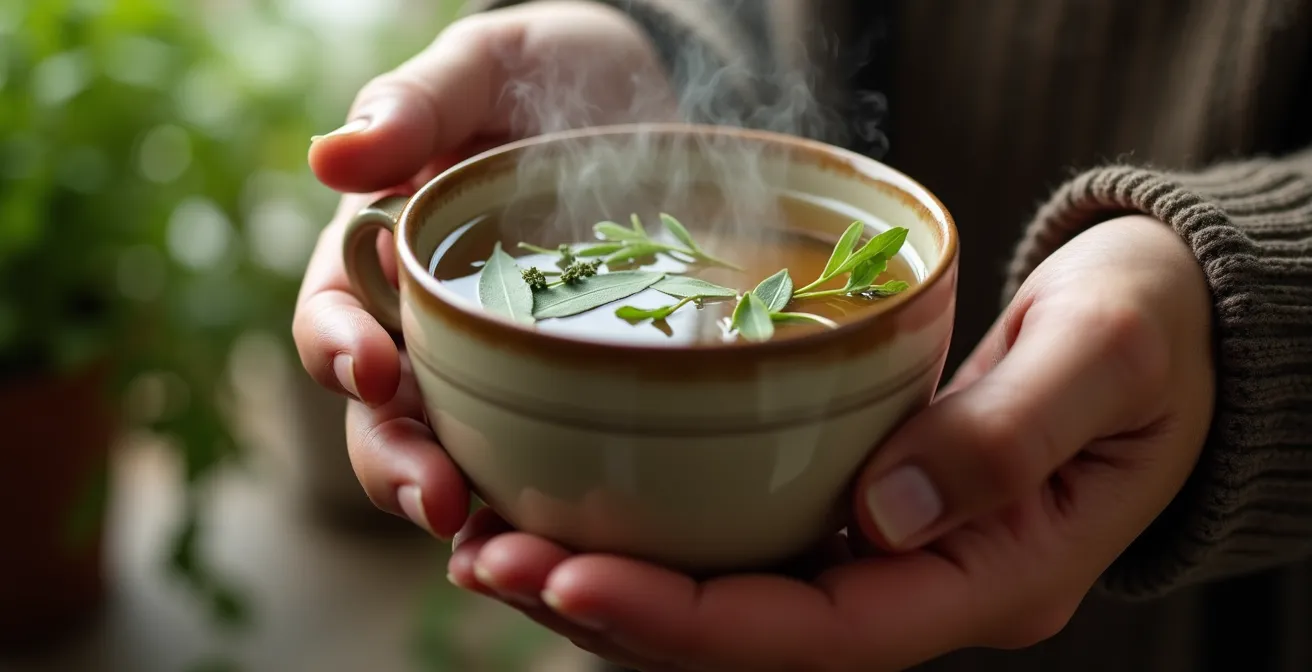 Tisane de thym pays fumante dans une tasse en céramique artisanale avec feuilles fraîches