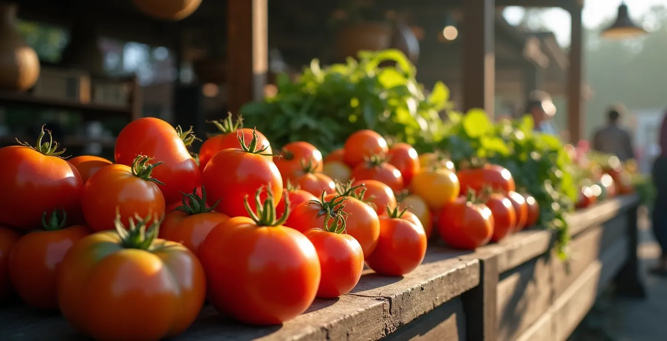 Coupe transversale d'une tomate ancienne montrant sa chair dense et colorée en macro