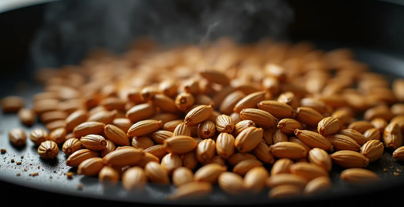 Gros plan macro sur graines de coriandre et cumin grillées dans une poêle en fonte