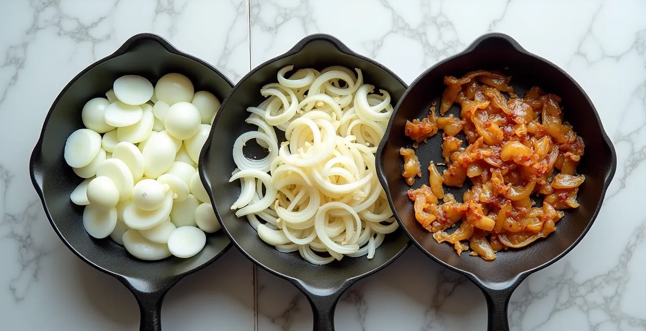 Progression de cuisson des oignons de translucide à doré dans une poêle