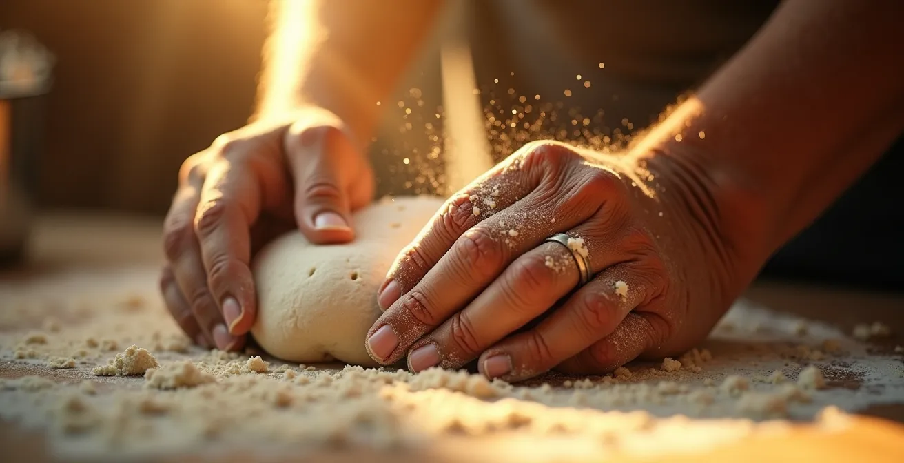 Gros plan sur des mains expertes pétrissant une pâte avec texture et détails visibles