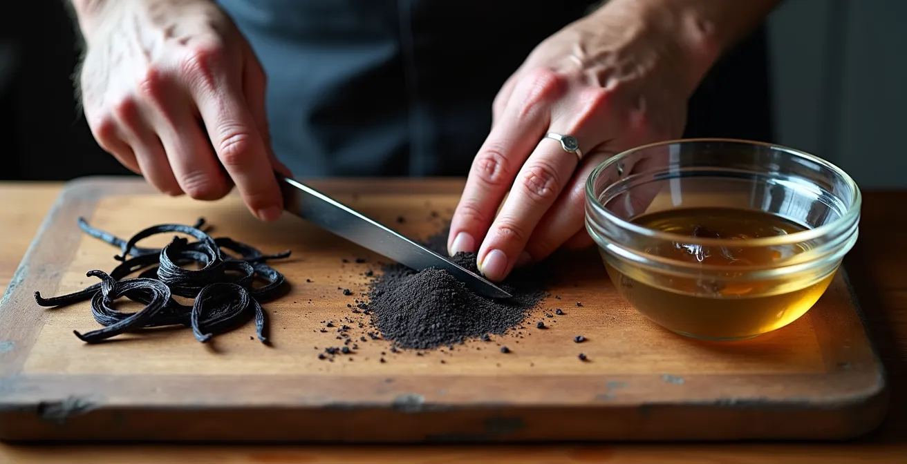 Techniques de préparation de la Vanille Bleue ciselée et râpée sur planche de découpe