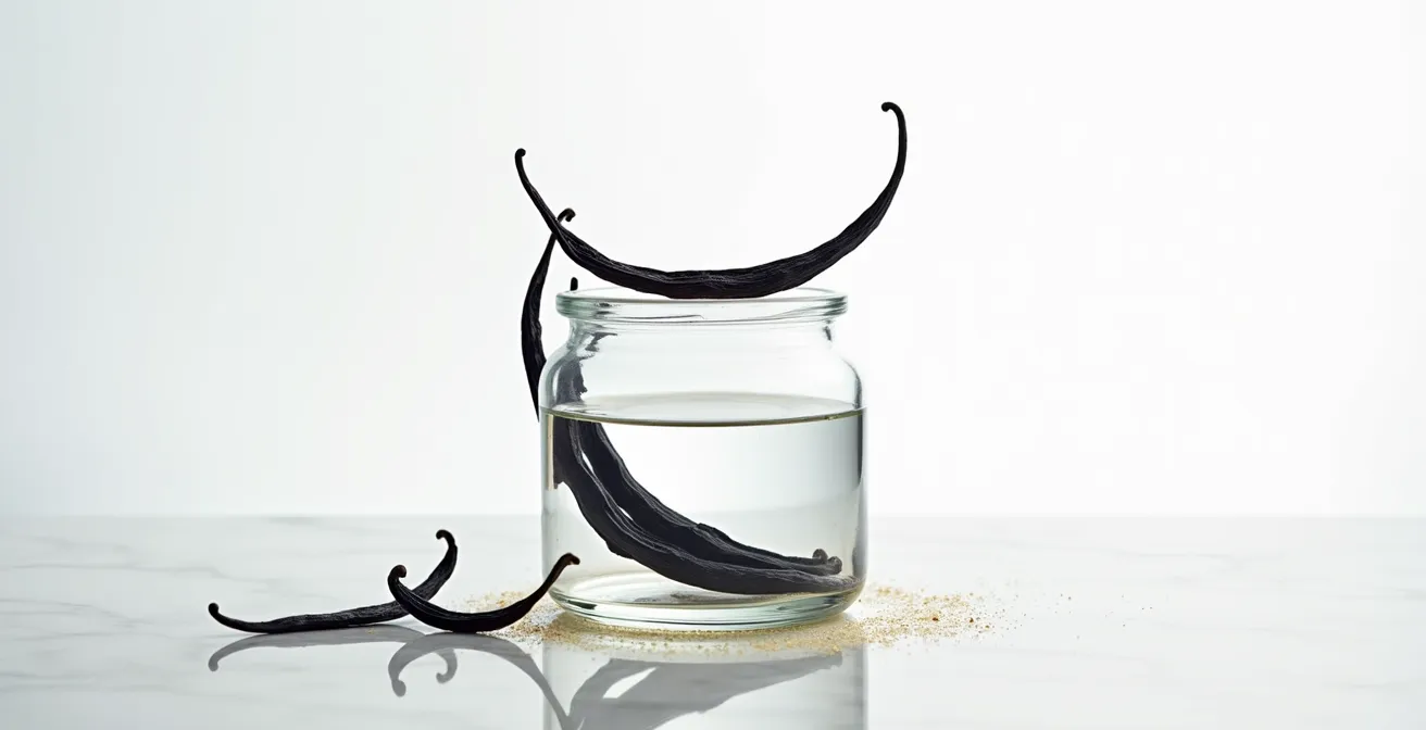 Gousses de Vanille Bleue conservées dans un bocal en verre montrant leur texture souple