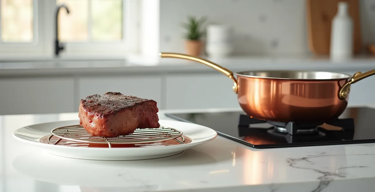 Arrangement minimaliste montrant une pièce de viande reposant sur une grille métallique pendant que la sauce réduit dans une poêle