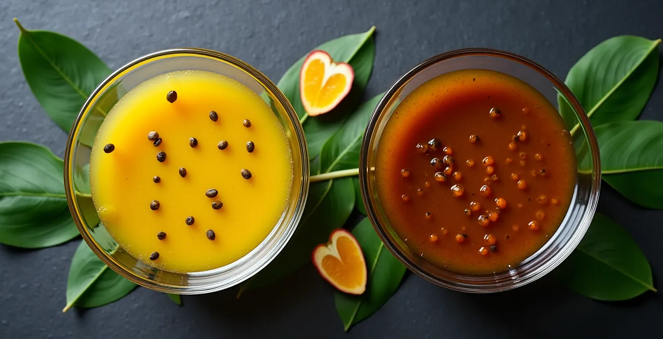 Vue aérienne d'une vinaigrette dorée avec graines de fruit de la passion et pâte de tamarin visible